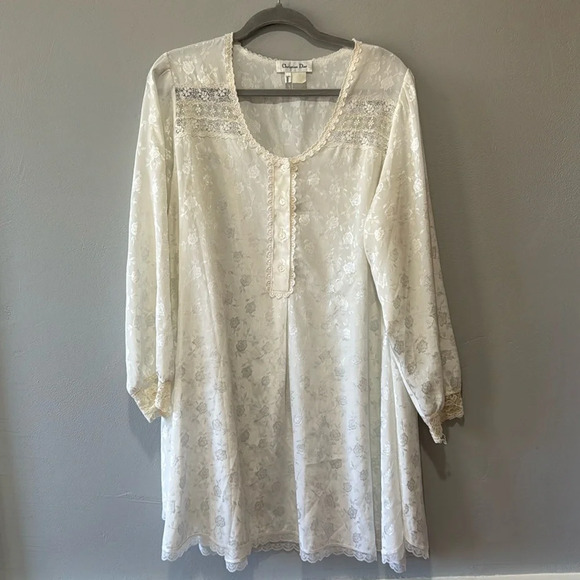Dior Other - Christian Dior floral white ivory lace bridal long sleeve satin lace night gown